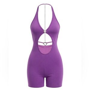 Women's Purple Halter Cutout Romper with Heart Chain Detail